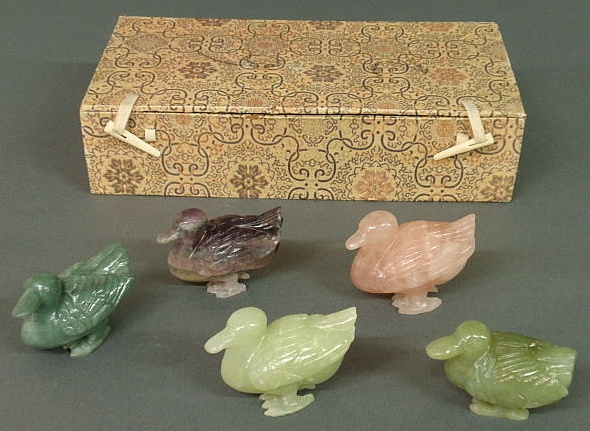 Appraisal: Five colorful Chinese carved quartz ducks h each