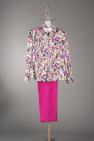 Appraisal: Ripetta pink blue grey black print silk jacket w fuschia