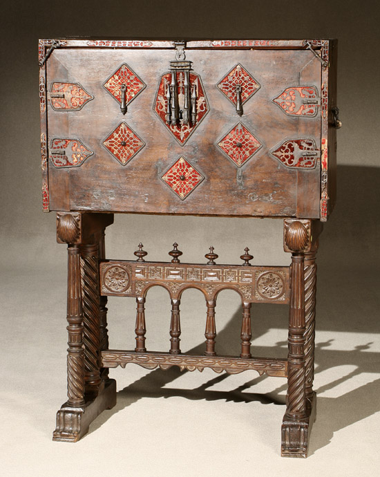 Appraisal: Spanish Baroque Style Iron and Wine Red Velvet Mounted Walnut