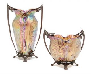 Appraisal: Two Silver-Plate Mounted Iridescent Glass Vases each having a ruffled