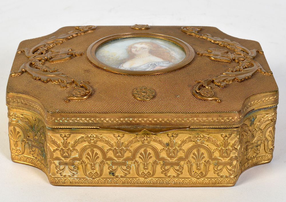 Appraisal: Bronze Gilt Trinket Box with Mini Portrait Rectangular bronze box