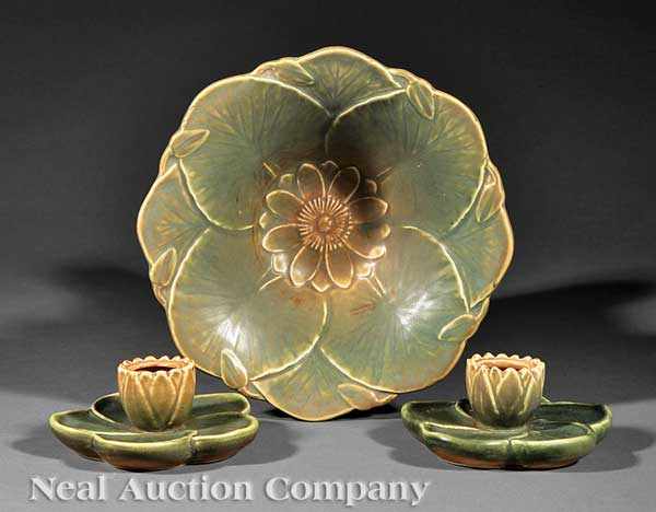 Appraisal: Three Weller Art Pottery Lily Pad Table Articles candleholders stamped