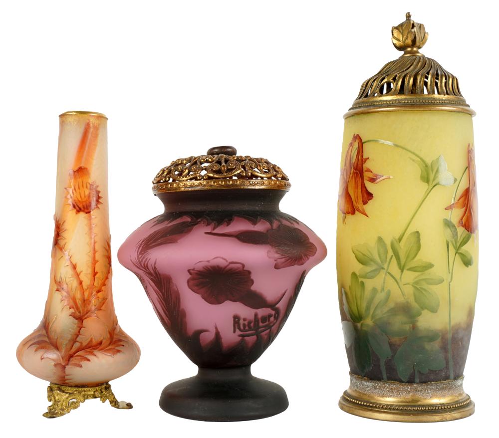 Appraisal: THREE FRENCH CAMEO GLASS ARTICLESthe first a Loetz Richard jar