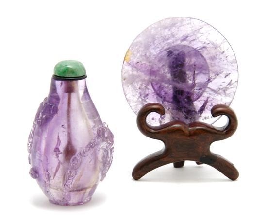 Appraisal: n Amethyst Snuff Bottle and Dish of flask form with