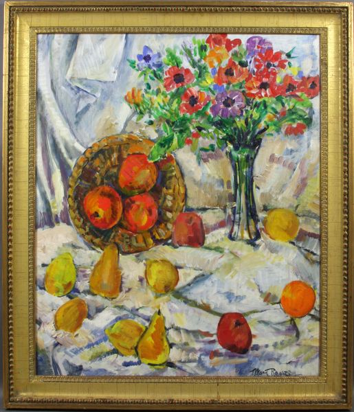 Appraisal: Mary Rogers still life with flowers and fruit o c