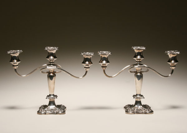 Appraisal: Pair ornate Sheffield silverplate three-light candelabra square fluted base with