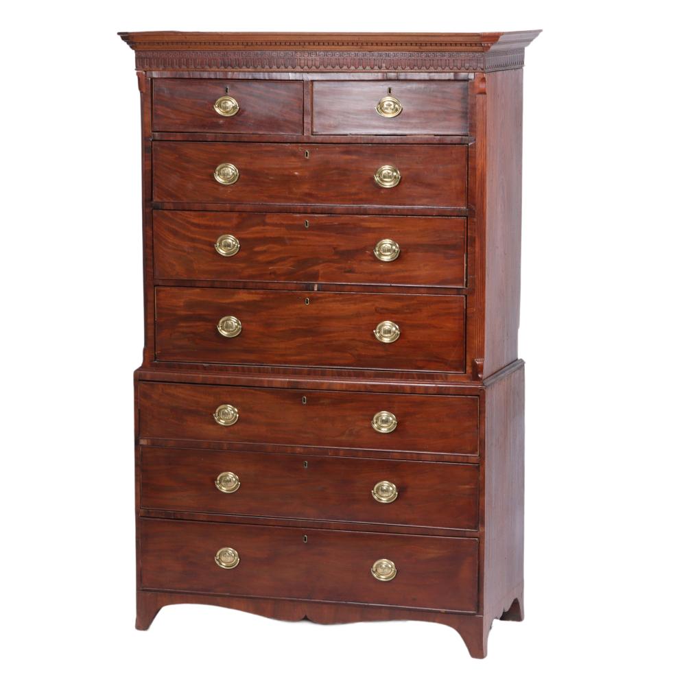 Appraisal: ANTIQUE HEPPLEWHITE CHEST ON CHEST MAHOGANY HIGHBOY TH CENTURY H