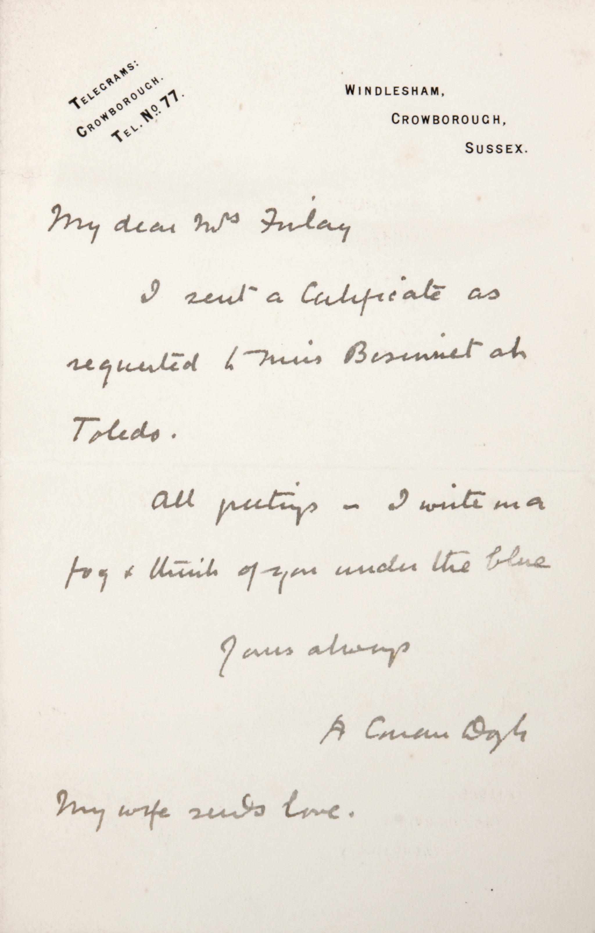 Appraisal: DOYLE ARTHUR CONAN Autograph Letter Signed ''A Conan Doyle'' p