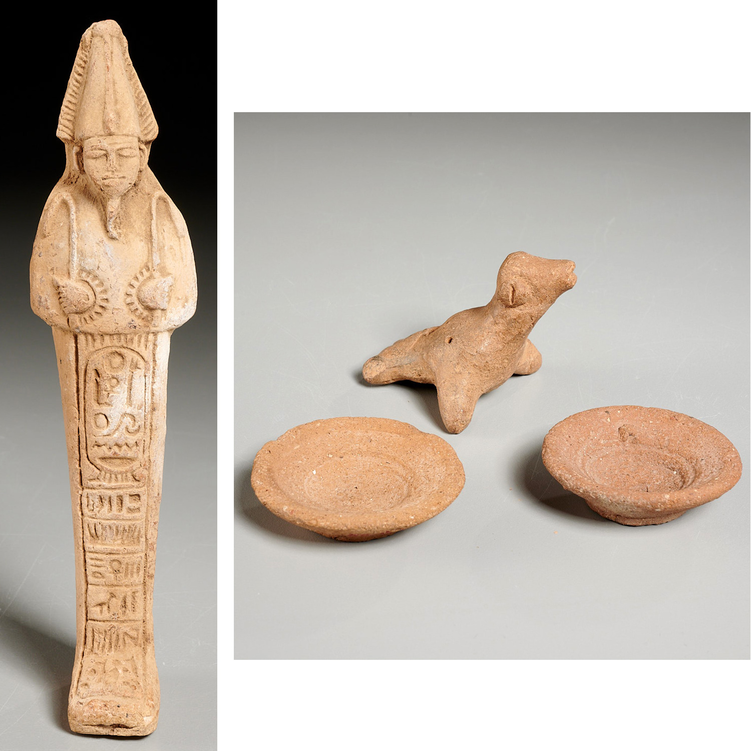 Appraisal: EGYPTIAN WHISTLE BOWLS USHABTI EX-MUSEUM Incl terracotta bird form whistle