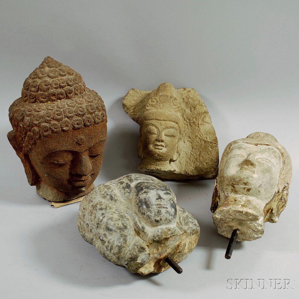 Appraisal: Four Stone Buddha Heads China ht to in Estimate -