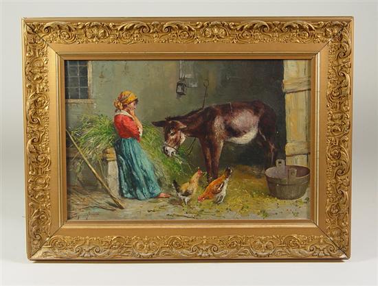 Appraisal: Oil on Canvas Young woman with donkey and chickens in