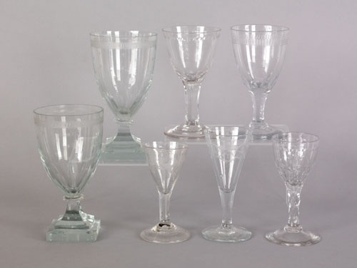 Appraisal: Five Anglo-Irish etched glass wines ca together with two rummers