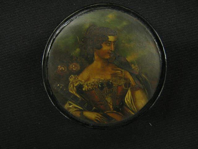 Appraisal: th Century Lacquerware Portrait Patch Box maiden with flowers mandolin