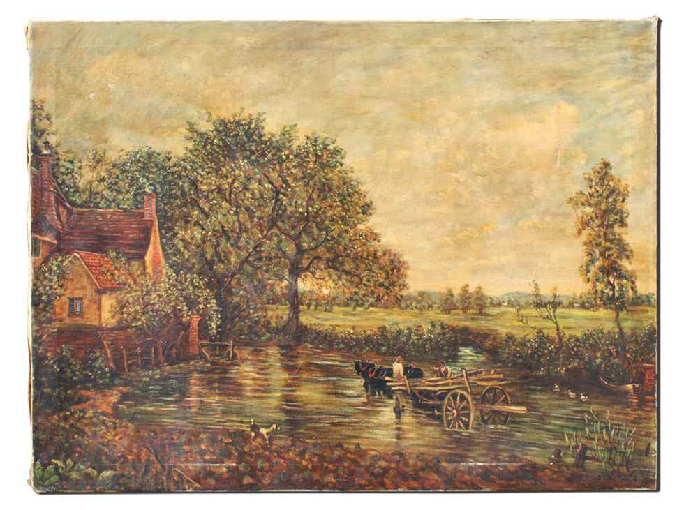 Appraisal: ILLEGIBLY SIGNED FLOODED LANDSCAPE WITH FIGURES PAINTING OIL Canvas ''