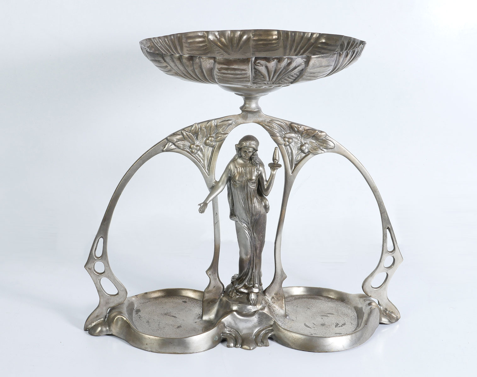 Appraisal: ART NOUVEAU SILVERED BRONZE FIGURAL CENTERPIECE Large silvered bronze centerpiece