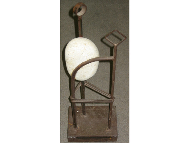 Appraisal: JOHN MATUSZ AMERICAN Stone and iron sculpture three metal rods