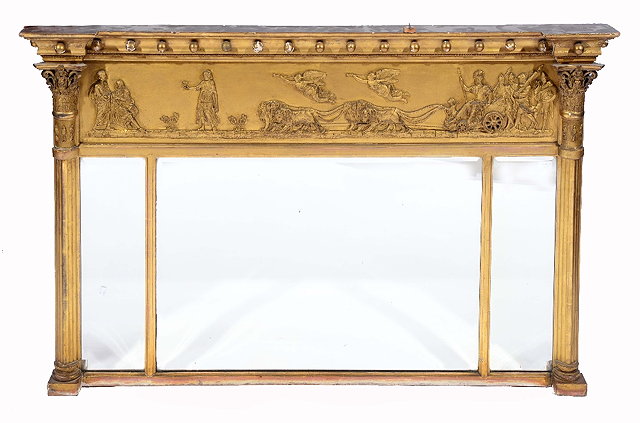 Appraisal: A TH CENTURY REGENCY STYLE GILTWOOD OVERMANTEL MIRROR with three