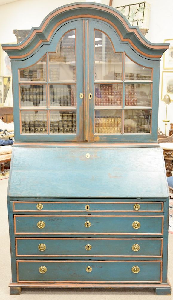 Appraisal: Oak continental secretary desk in two parts painted blue th