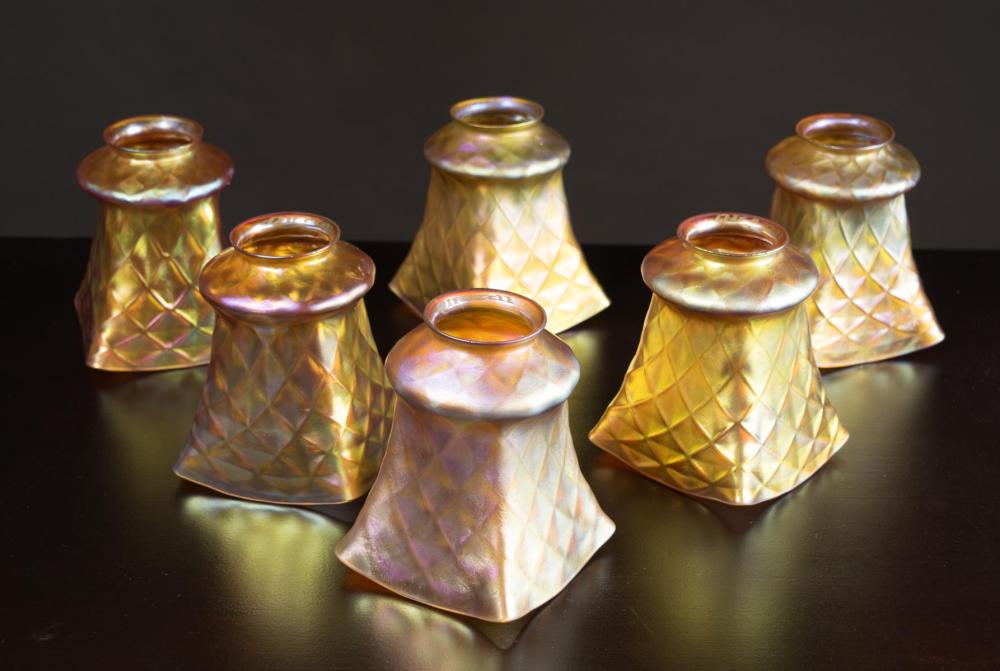 Appraisal: SET OF SIX QUEZAL GOLD IRIDESCENT ART GLASS SHADES with