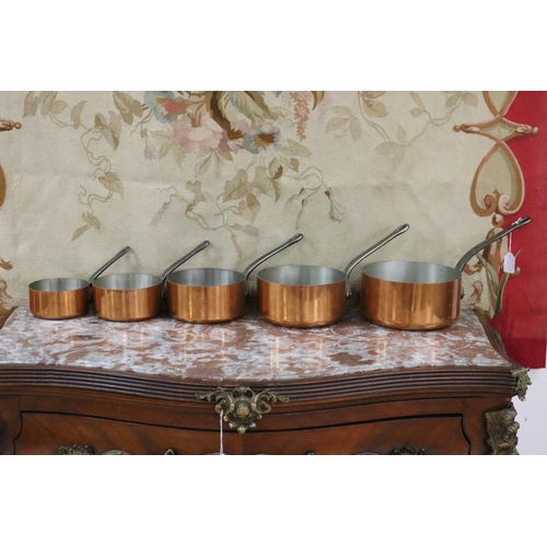 Appraisal: Set of five French copper wrought iron saucepans approx cm