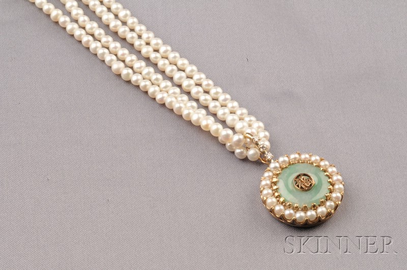 Appraisal: kt Gold Cultured Pearl and Jadeite Necklace designed as a