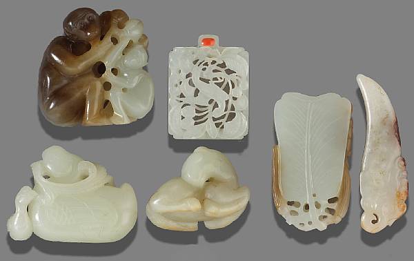 Appraisal: A group of six small jade carvings Including a monkey