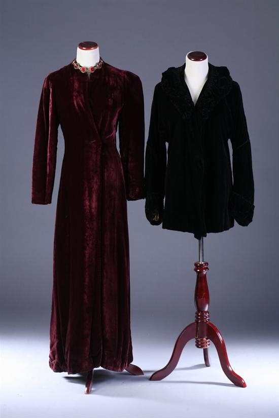 Appraisal: TWO VINTAGE VELVET EVENING COATS Circa s One black long-sleeved