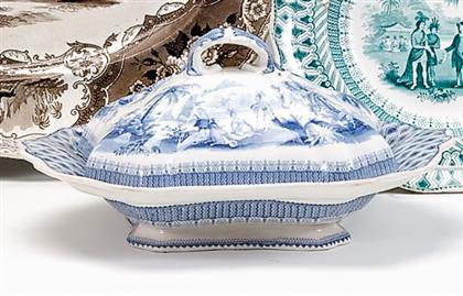 Appraisal: Historical medium blue transferware covered vegetable dish thomas green fenton