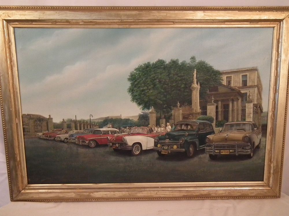 Appraisal: PAINTING OF CAR SHOW SIGNED BRAULIO Vintage oil painting on