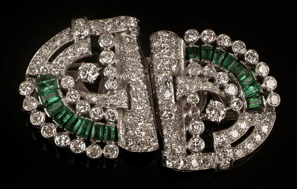 Appraisal: An Art Deco emerald and diamond double clip brooch s