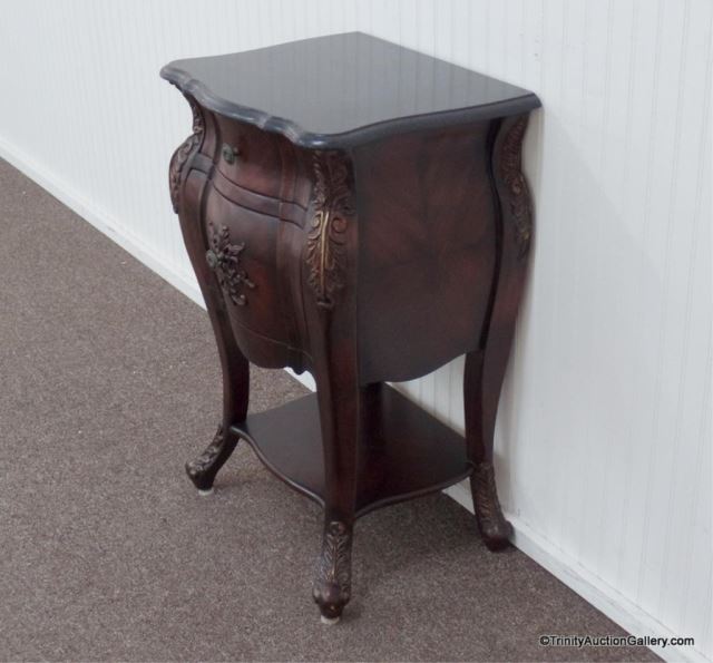 Appraisal: Bombay Carved Mahogany Marble Top Side Table Produced with ornate