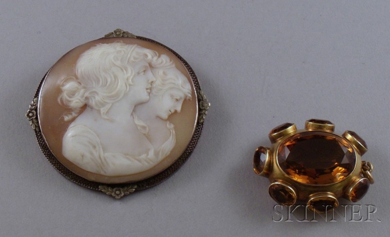 Appraisal: Silver-framed Shell Carved Double Portrait Cameo Brooch and Gold and