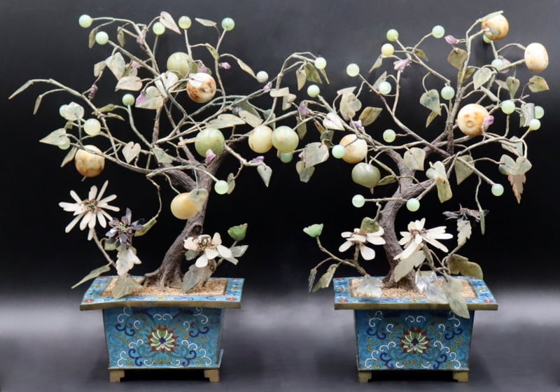 Appraisal: PAIR OF CHINESE CLOISONNE AND CARVED JADE TREES Pair of