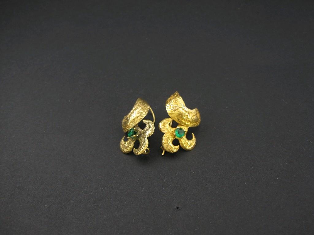 Appraisal: A Pair of Mexican style Emerald Earrings each with scrolled