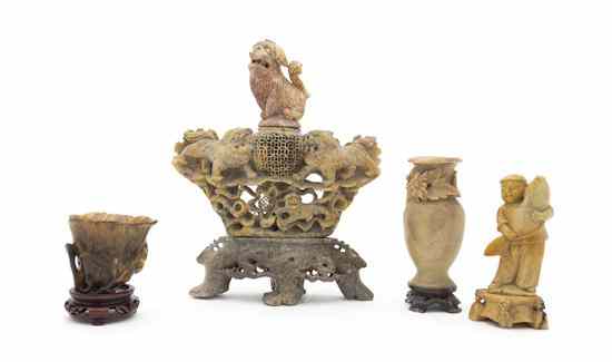 Appraisal: Four Chinese Carved Soapstone Articles comprising a floriform diminutive libation