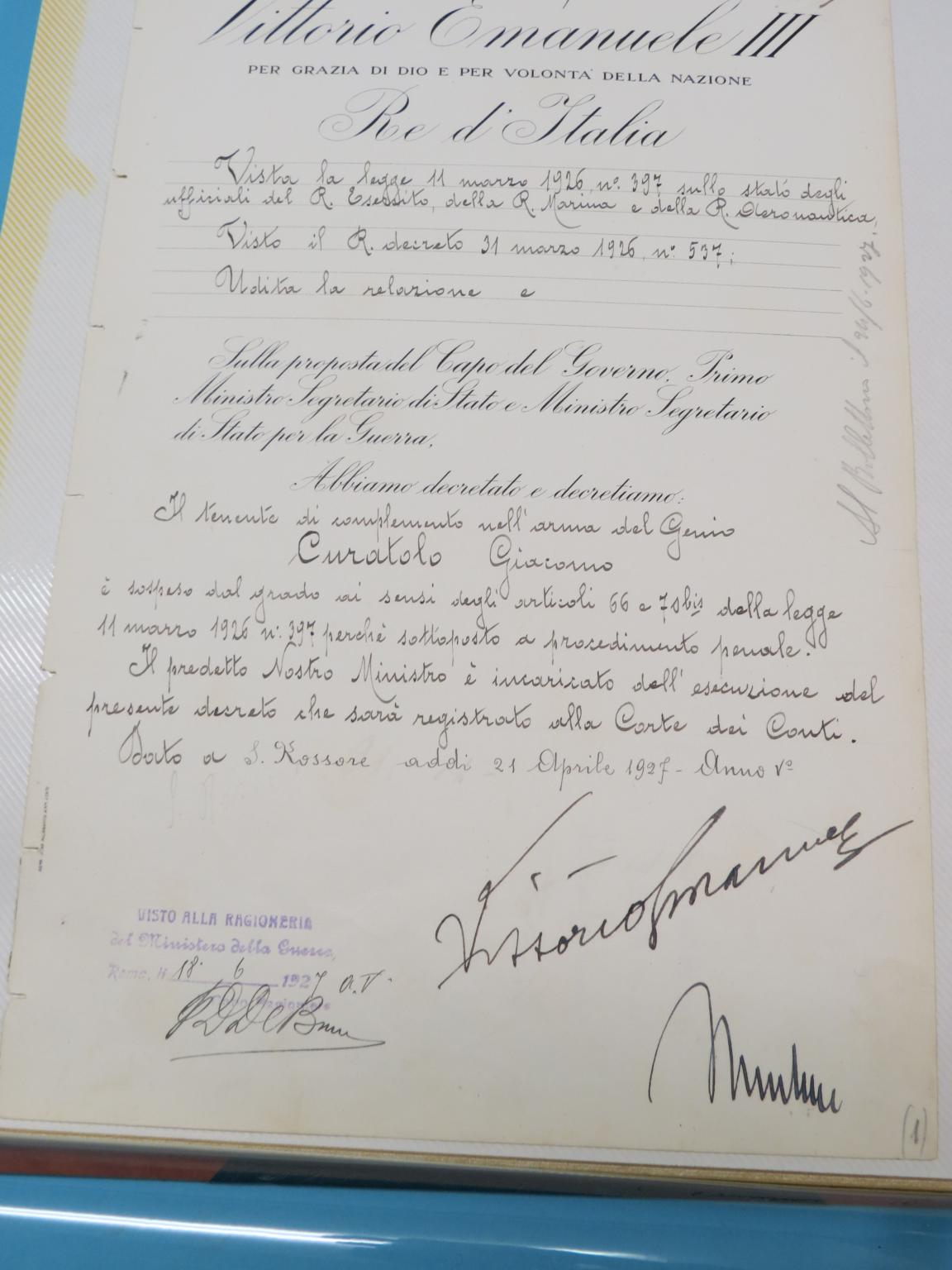 Appraisal: Benito Mussolini - and Victor Emmanuel III - - signed