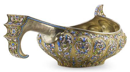 Appraisal: A Russian large silver-gilt and shaded cloisonn enamel kovsch Pavel