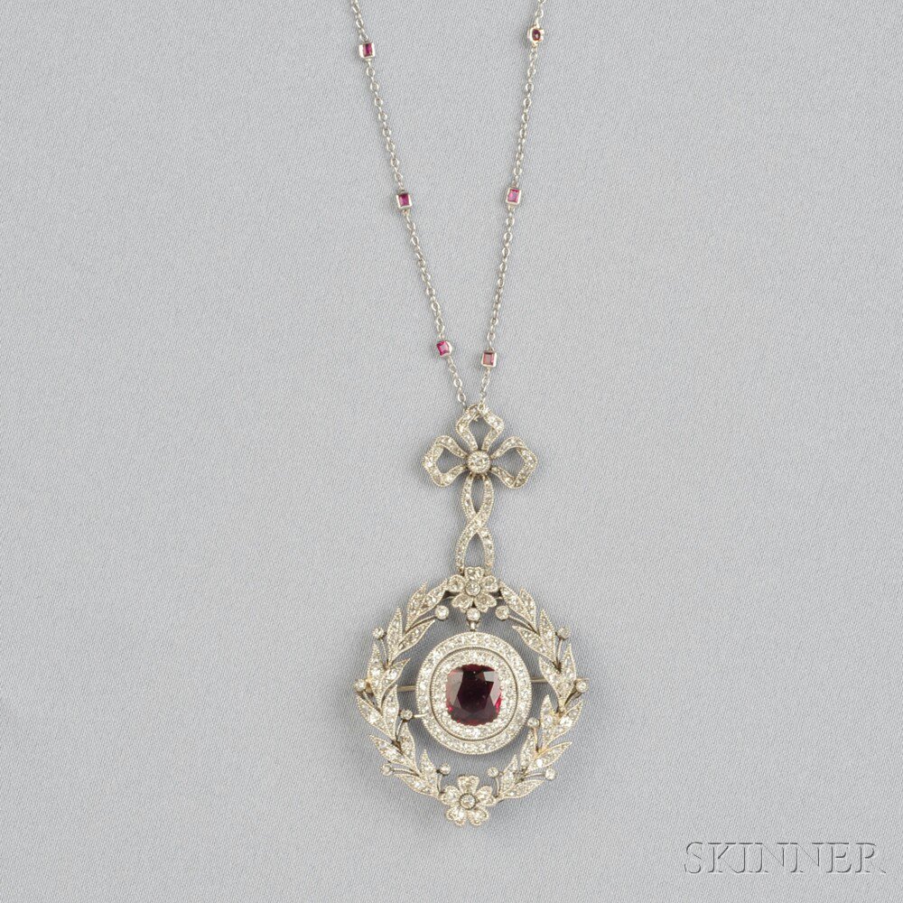 Appraisal: Edwardian Platinum Ruby and Diamond Pendant bead-set with a cushion-cut