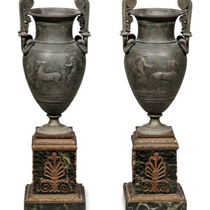 Appraisal: A Pair of Empire Style Patinated Metal and Marble Urns