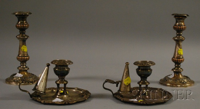 Appraisal: Two Pairs of Silver Plated Candlesticks one set with chambersticks