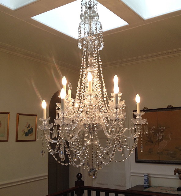 Appraisal: Large twelve branch cut glass chandelierof tiered form with lozenge