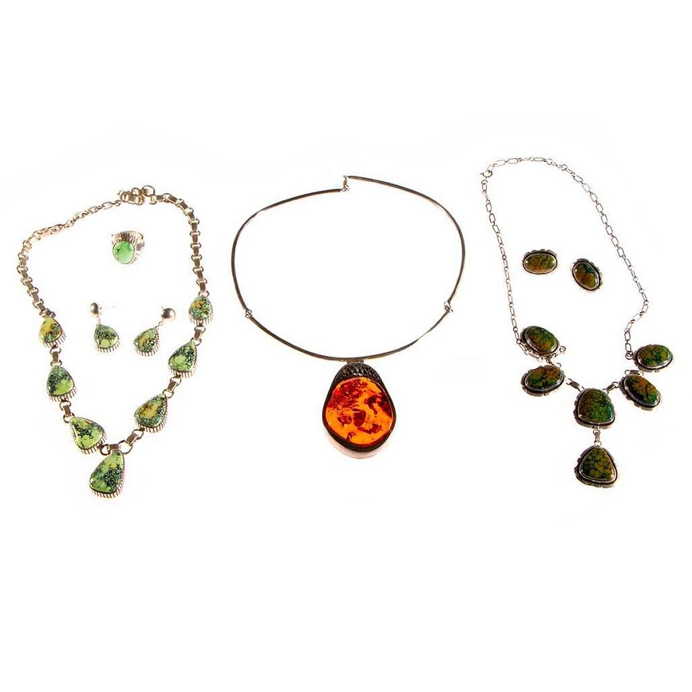 Appraisal: Collection of hardstone amber silver jewelry comprising one necklace earring