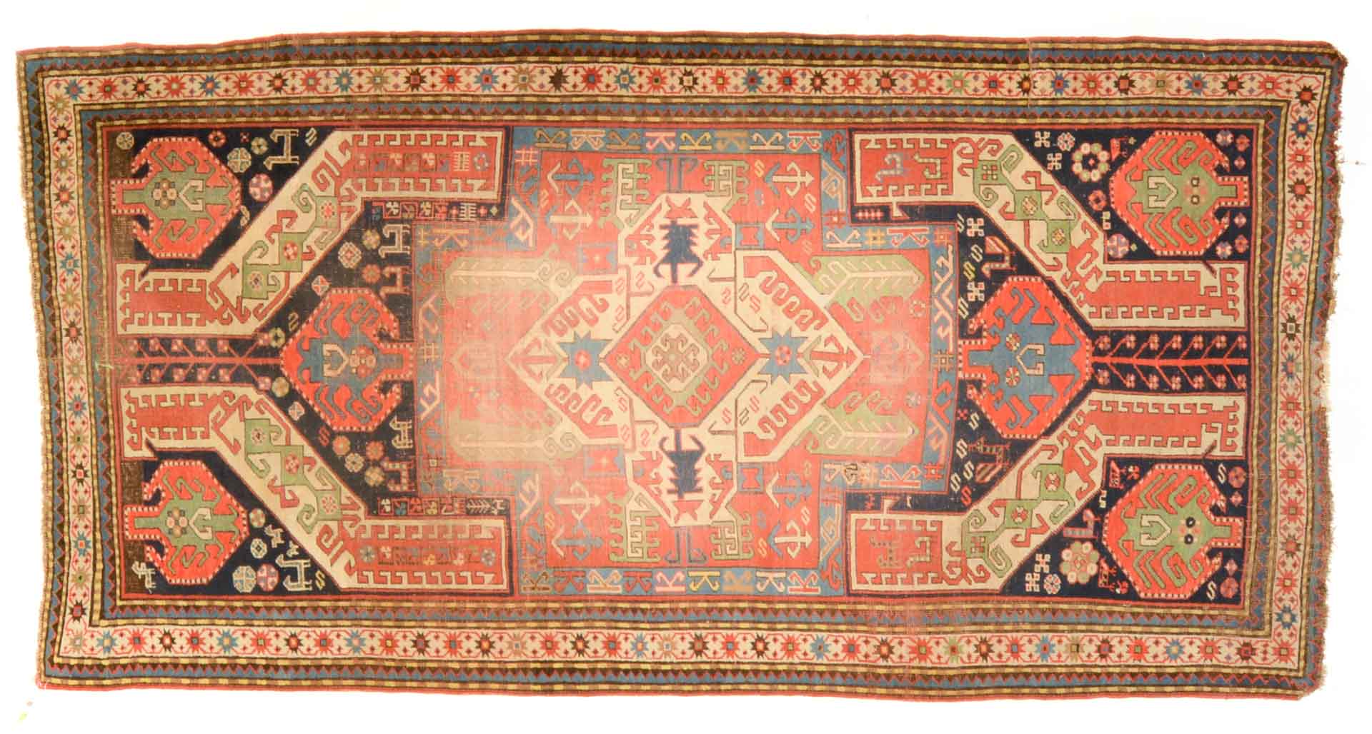 Appraisal: Unusual Antique Kazak rug approx x Caucasus circa Condition Worn