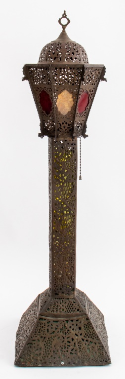 Appraisal: MOROCCAN RETICULATED TABLE LAMP IN TOWER FORM Moroccan reticulated bronze