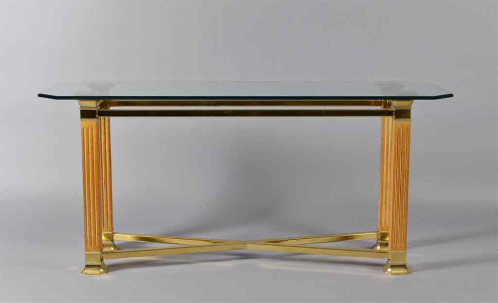 Appraisal: A Brass Glass and Wood Hall TableWith beveled glass top