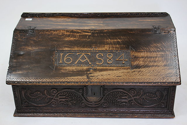 Appraisal: A TH CENTURY OAK BIBLE BOX the fall front carved