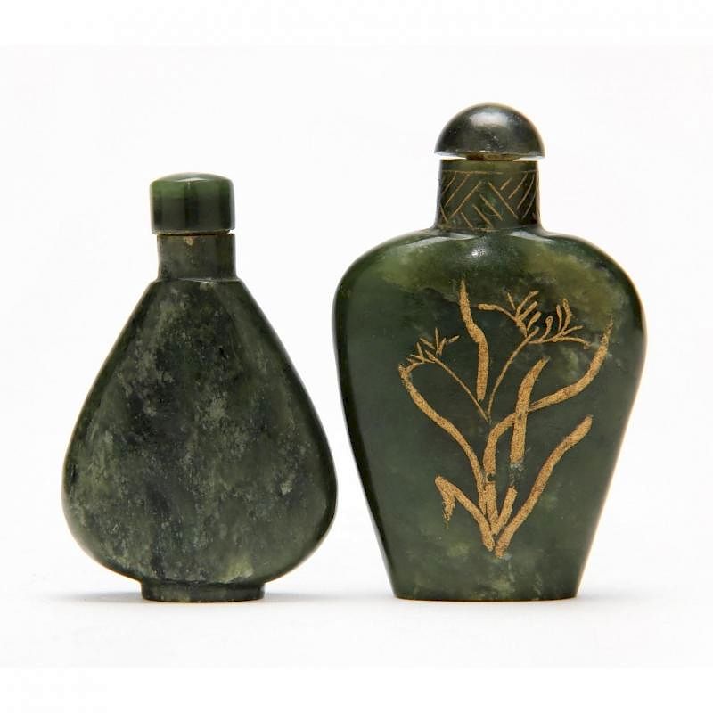 Appraisal: Two Carved Jade Snuff Bottles one with incised and gilt