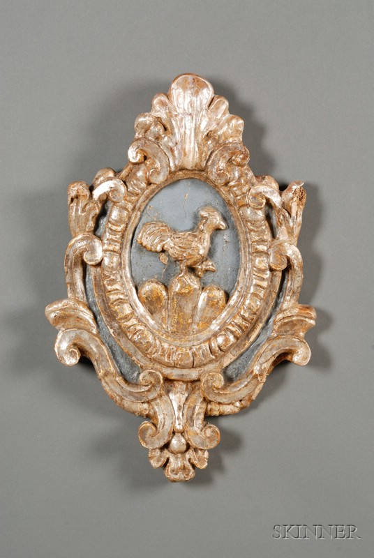 Appraisal: Giltwood Rooster Plaque Continental th century oval frame with carved