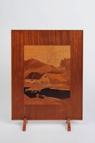 Appraisal: Rowley Gallery attributed to 'Cottage and River' firescreenmarquetry panel inset