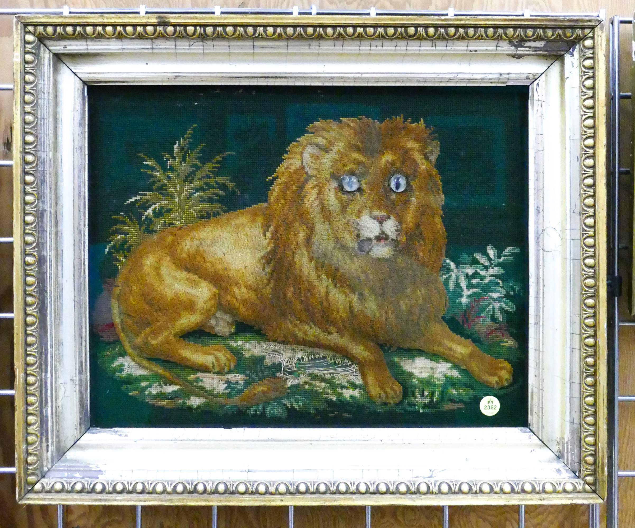 Appraisal: Antique Reclining Lion Needlwork Relief Framed- x ''